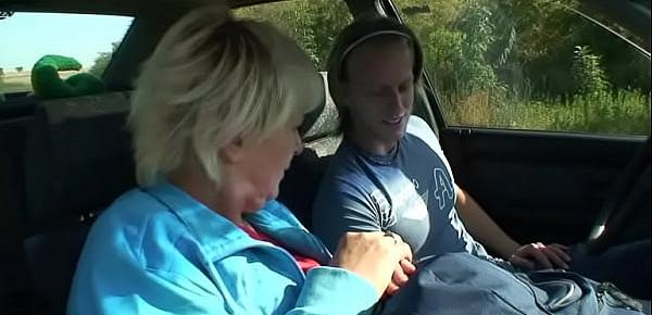 Old bitch gives head in the car then doggystyled